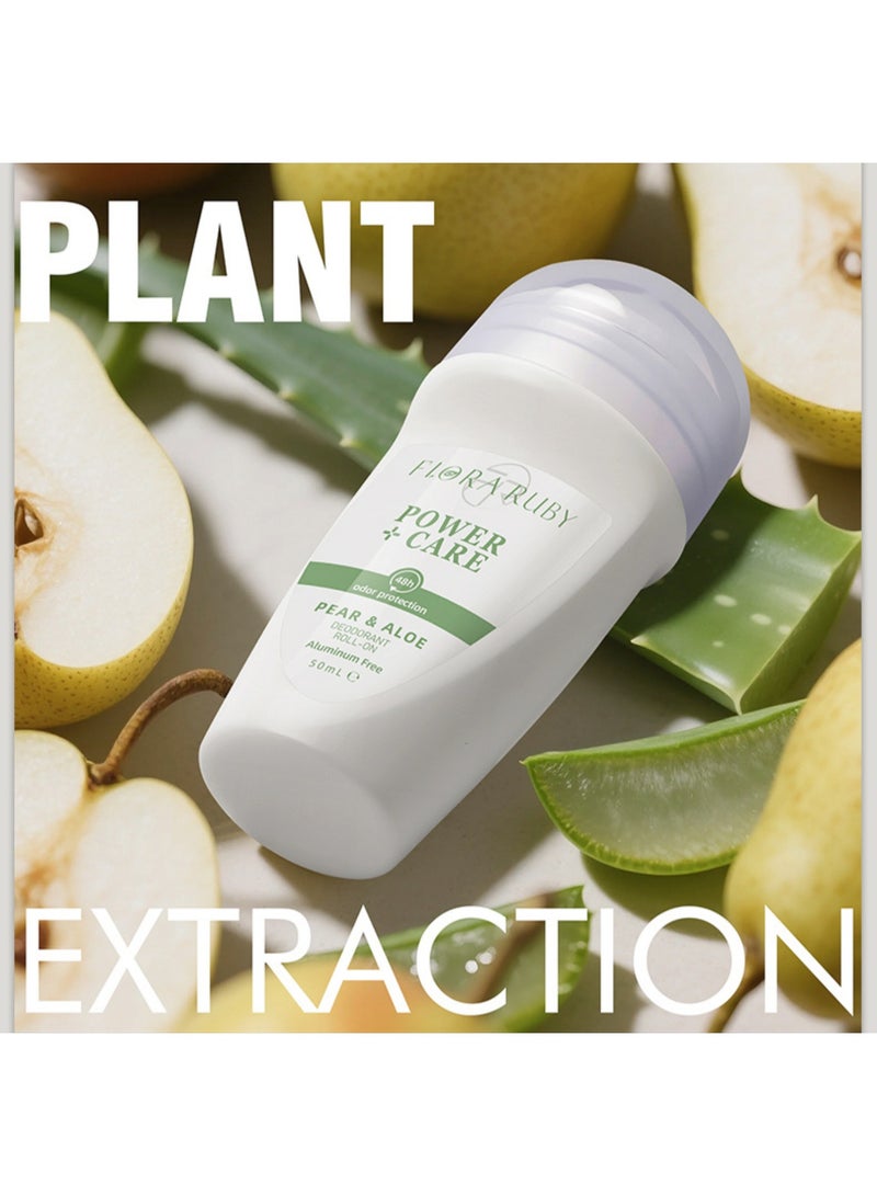 Flora Ruby رولون ديودورانت للباطن بالآلو فيرا والكمثرى 50 مل – مضاد للعرق الأصلي بحماية من الرائحة لمدة 48 ساعة | تركيبة نباتية خالية من الألومنيوم بمعصرة الآلو فيرا والكمثرى | خالية من الكحول والبارابين، رولون سلس للباطن الحساس | حملة سهلة وروحانة طازجة وجفاف طوال اليوم - Image 4